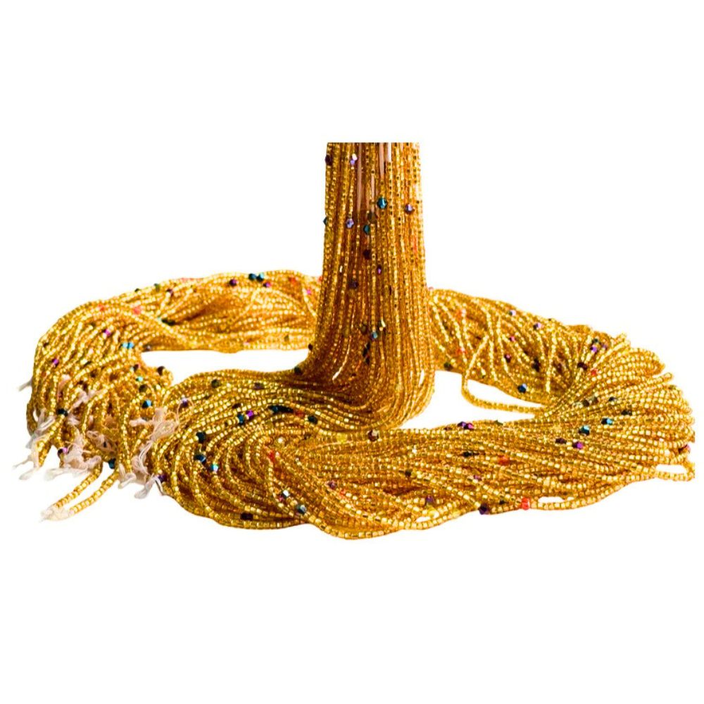 Gold Luxe Ghana Waist Beads – Handmade Adjustable Tie-On Strand with Multicolor Sparkle (41” Beads on 55” Thread)