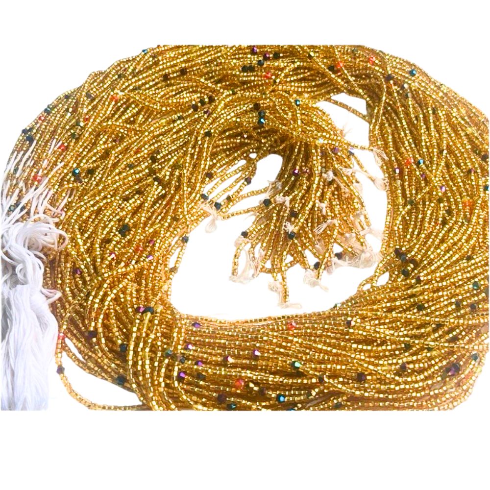 Gold Luxe Ghana Waist Beads – Handmade Adjustable Tie-On Strand with Multicolor Sparkle (41” Beads on 55” Thread)