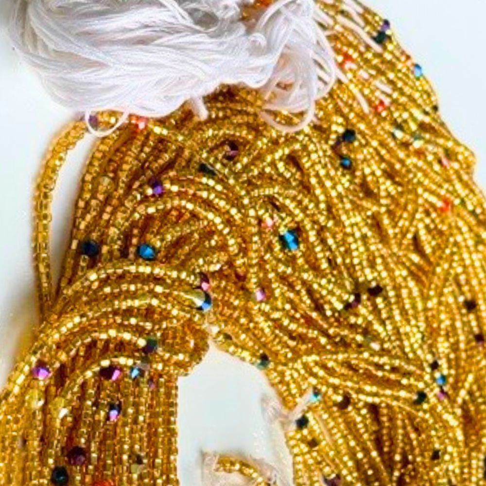Gold Luxe Ghana Waist Beads – Handmade Adjustable Tie-On Strand with Multicolor Sparkle (41” Beads on 55” Thread)