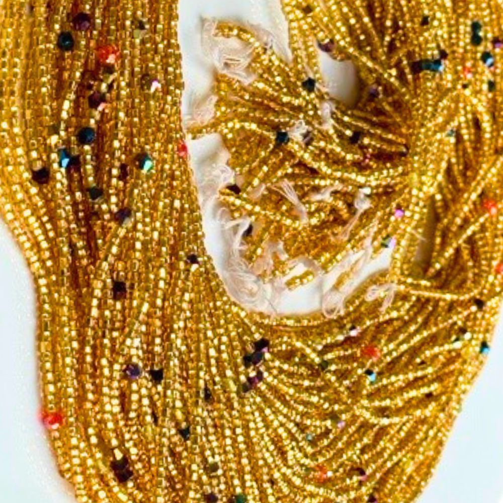 Gold Luxe Ghana Waist Beads – Handmade Adjustable Tie-On Strand with Multicolor Sparkle (41” Beads on 55” Thread)