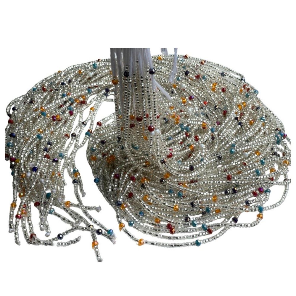 Crystal Clear Ghana Waist Beads – Handmade Tie-On Body Jewelry with Multicolor Accents (41” Beads on 55” Cotton Thread)