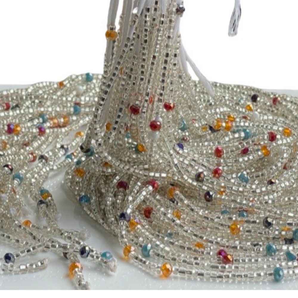 Crystal Clear Ghana Waist Beads – Handmade Tie-On Body Jewelry with Multicolor Accents (41” Beads on 55” Cotton Thread)