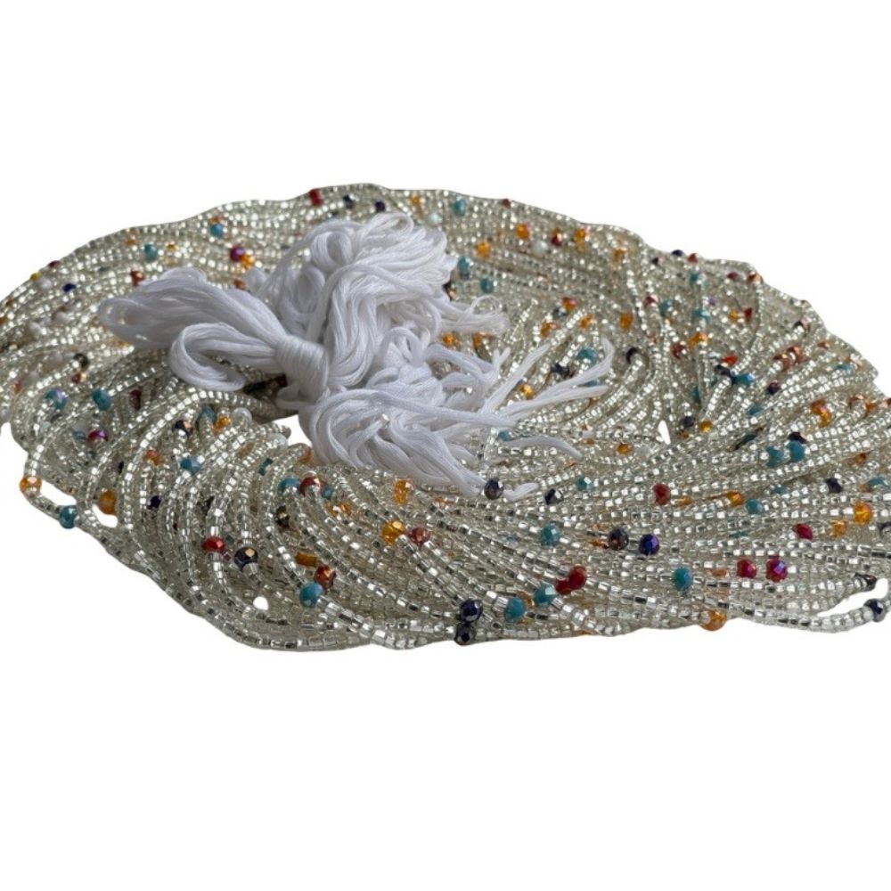 Crystal Clear Ghana Waist Beads – Handmade Tie-On Body Jewelry with Multicolor Accents (41” Beads on 55” Cotton Thread)