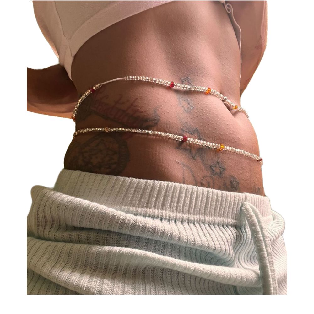 Crystal Clear Ghana Waist Beads – Handmade Tie-On Body Jewelry with Multicolor Accents (41” Beads on 55” Cotton Thread)