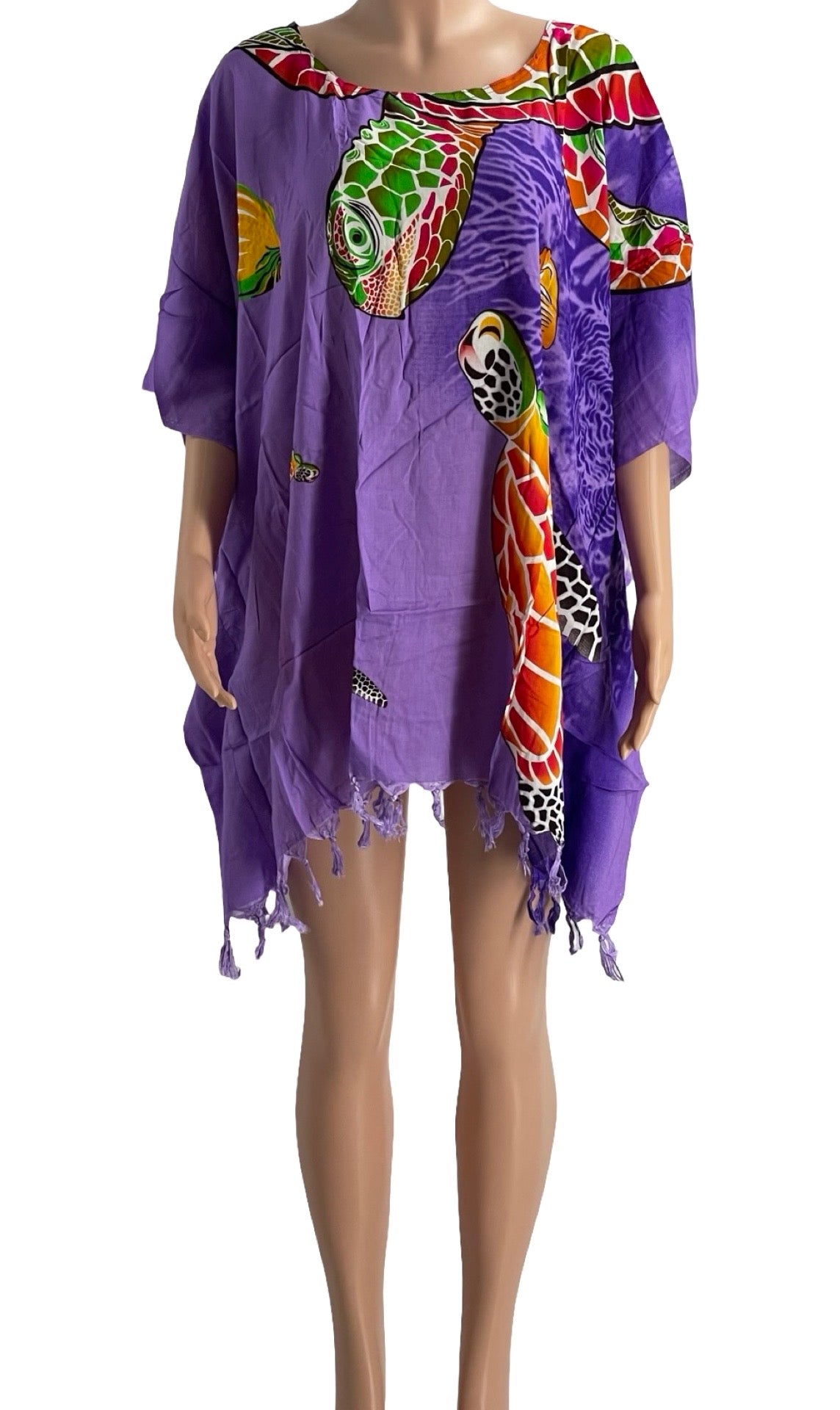 Colorful Sea Turtle Print Kaftan Cover-Up – Lightweight Rayon Beach Dress with Tassel Hem – One Size Fits Most