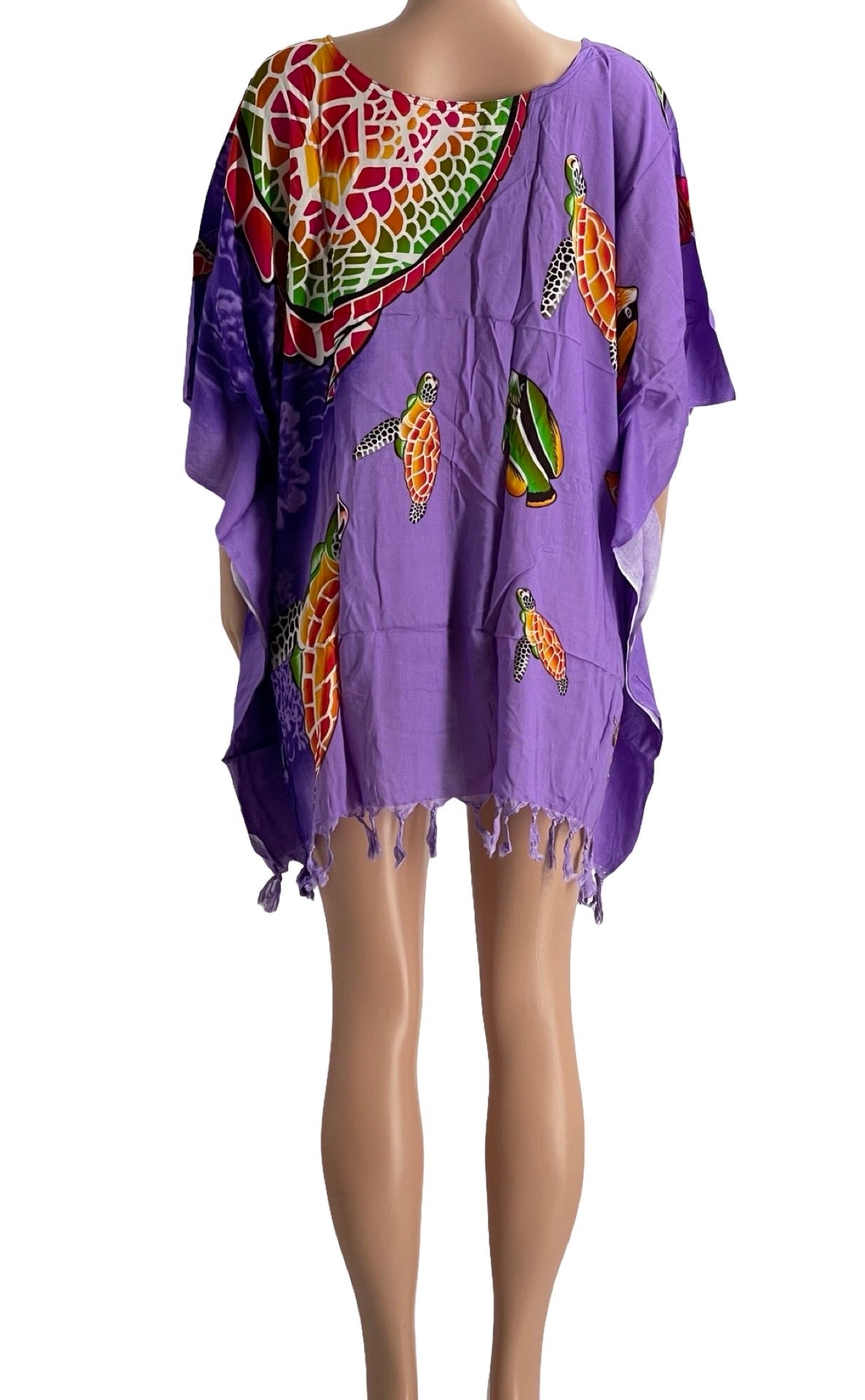 Colorful Sea Turtle Print Kaftan Cover-Up – Lightweight Rayon Beach Dress with Tassel Hem – One Size Fits Most