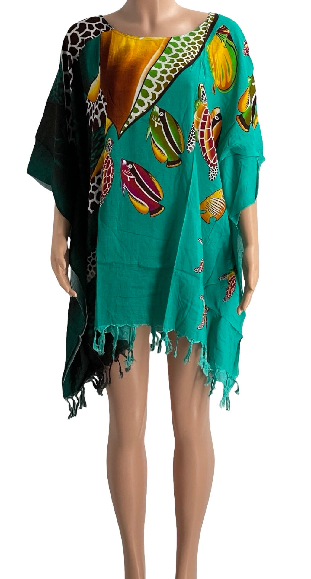 Colorful Sea Turtle Print Kaftan Cover-Up – Lightweight Rayon Beach Dress with Tassel Hem – One Size Fits Most