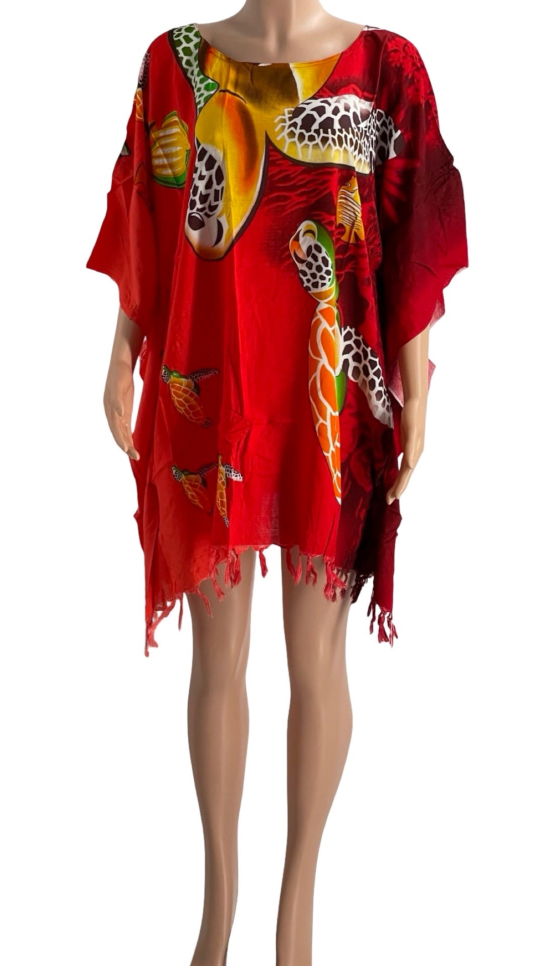 Colorful Sea Turtle Print Kaftan Cover-Up – Lightweight Rayon Beach Dress with Tassel Hem – One Size Fits Most