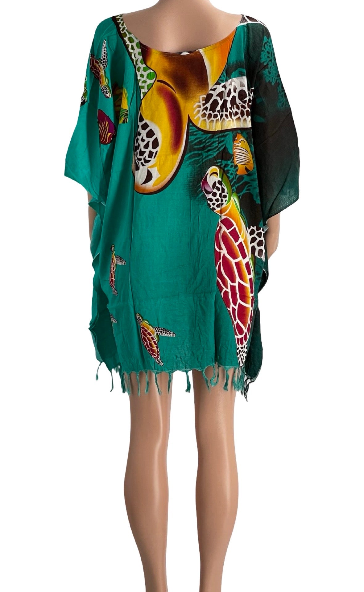 Colorful Sea Turtle Print Kaftan Cover-Up – Lightweight Rayon Beach Dress with Tassel Hem – One Size Fits Most