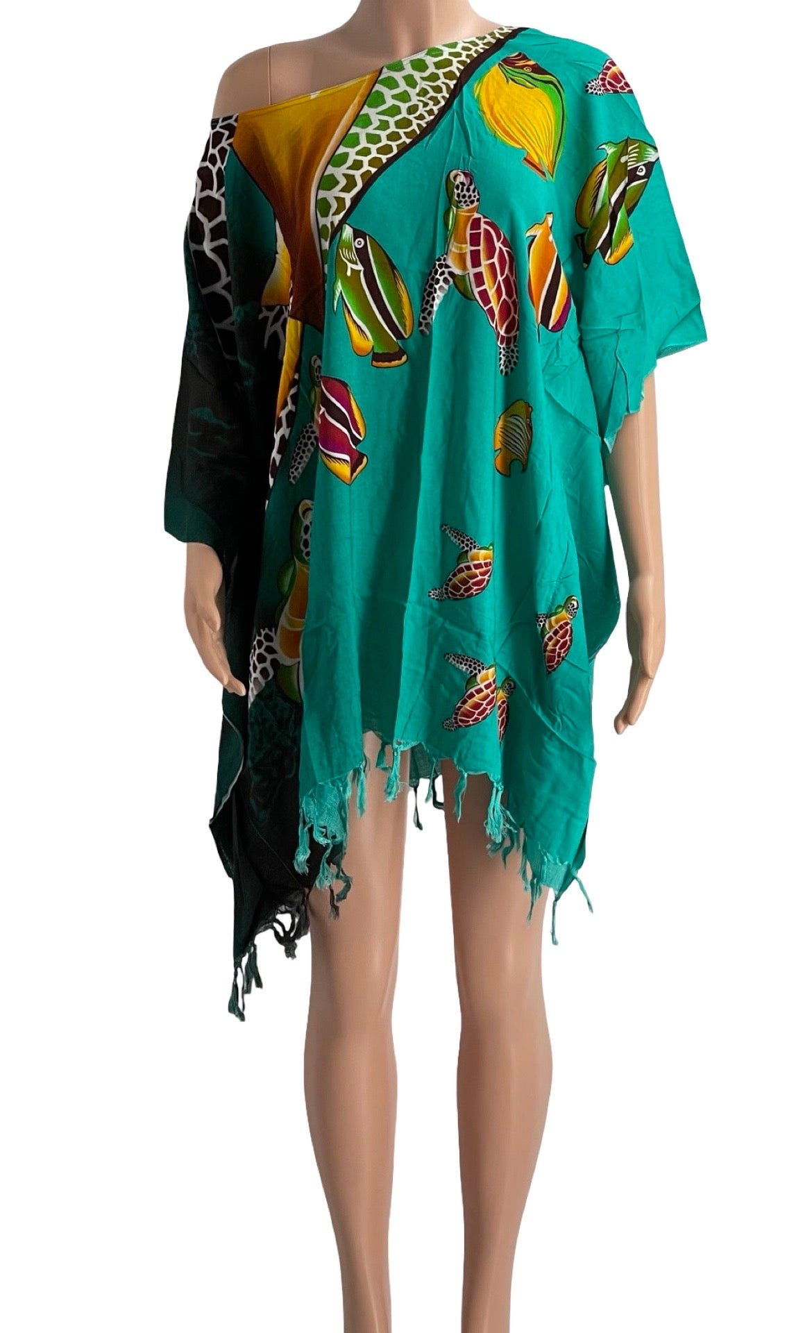 Colorful Sea Turtle Print Kaftan Cover-Up – Lightweight Rayon Beach Dress with Tassel Hem – One Size Fits Most