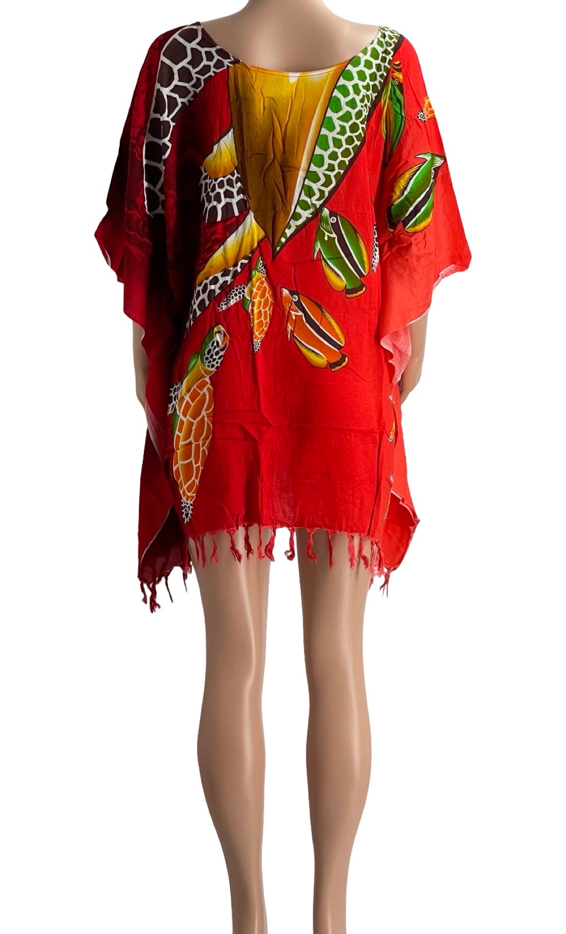 Colorful Sea Turtle Print Kaftan Cover-Up – Lightweight Rayon Beach Dress with Tassel Hem – One Size Fits Most