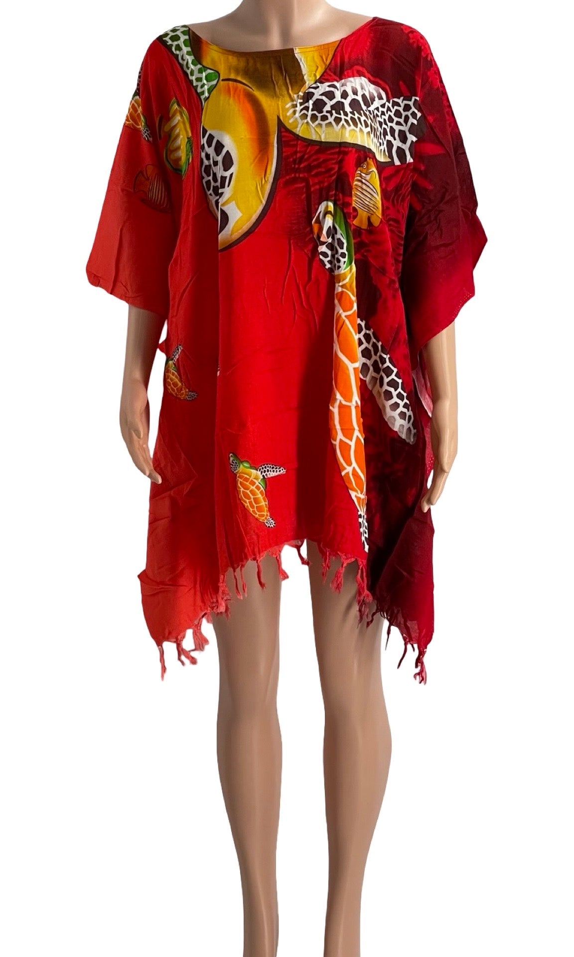 Colorful Sea Turtle Print Kaftan Cover-Up – Lightweight Rayon Beach Dress with Tassel Hem – One Size Fits Most