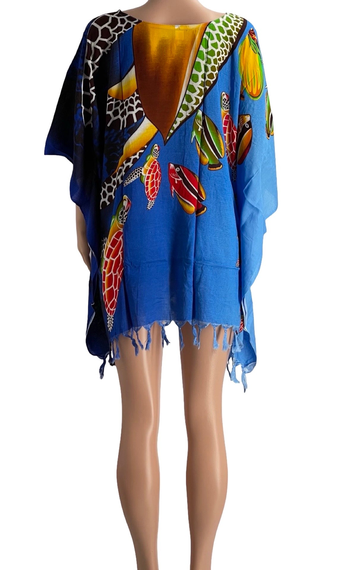 Colorful Sea Turtle Print Kaftan Cover-Up – Lightweight Rayon Beach Dress with Tassel Hem – One Size Fits Most