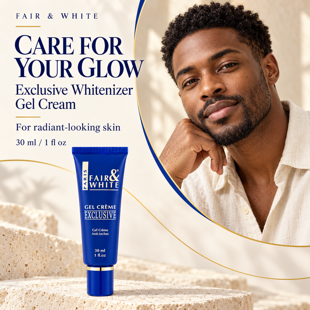 Original model-based campaign graphic for Fair & White Exclusive Whitenizer Gel Cream, 30 ml / 1 fl oz. AI-generated editorial illustration.