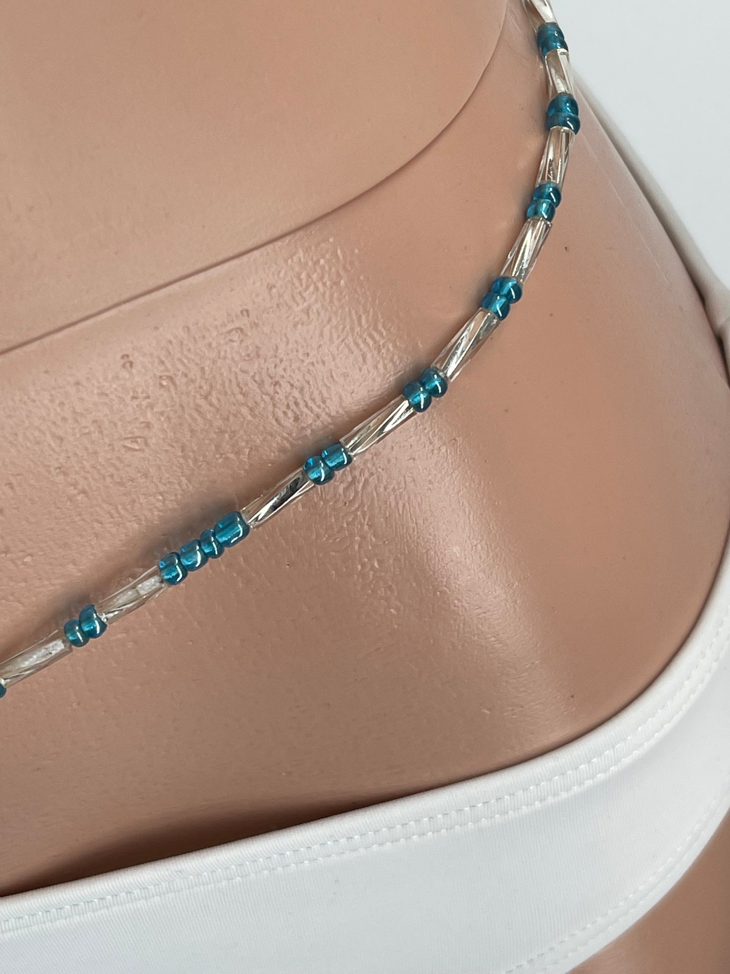 Teal Blue and Silver Waist Beads – Tie-On Belly Chain for Weight Tracking and Energy Balance