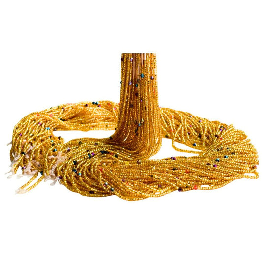 Gold Luxe Ghana Waist Beads – Handmade Adjustable Tie-On Strand with Multicolor Sparkle (41” Beads on 55” Thread)