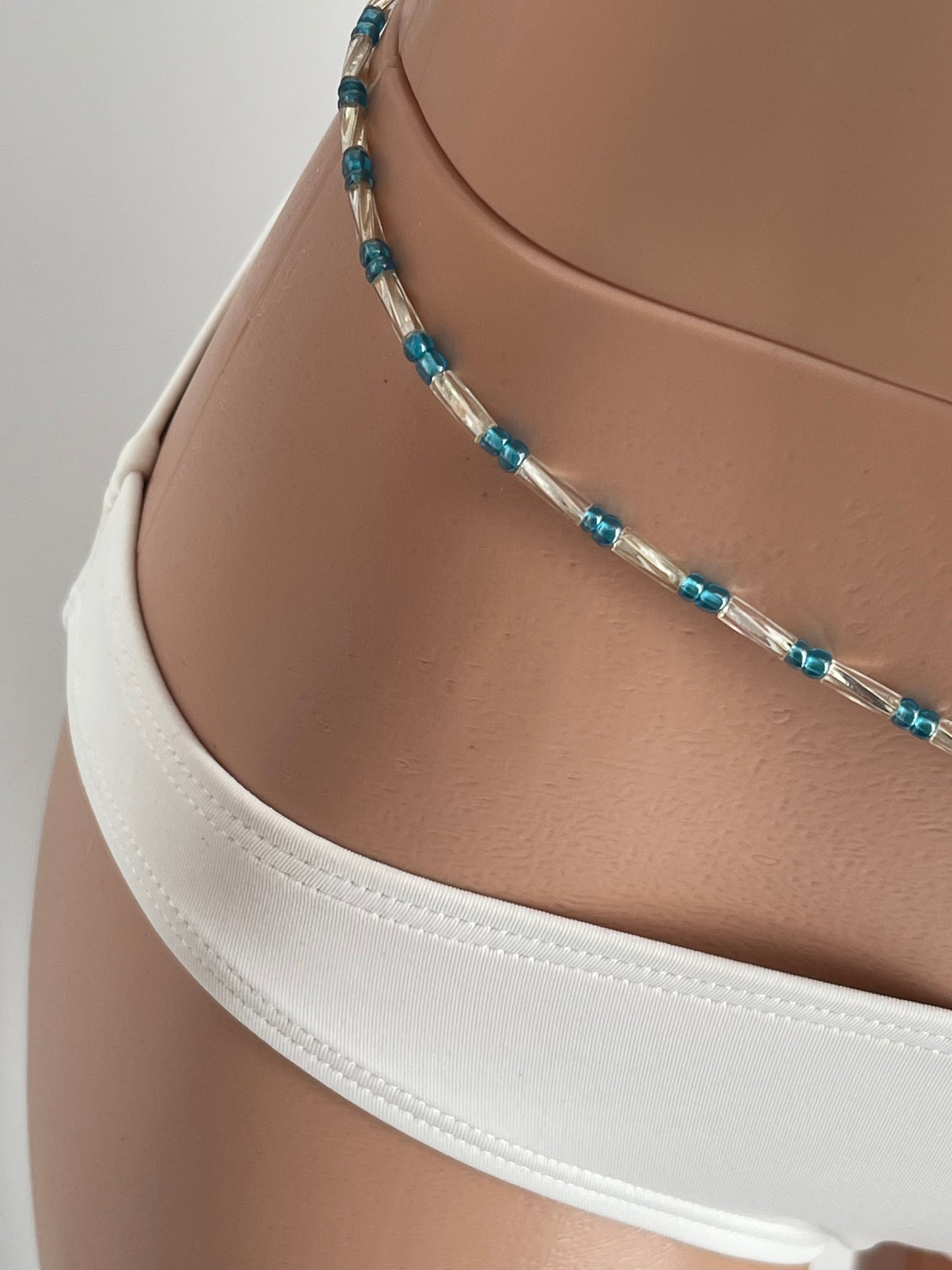 Teal Blue and Silver Waist Beads – Tie-On Belly Chain for Weight Tracking and Energy Balance