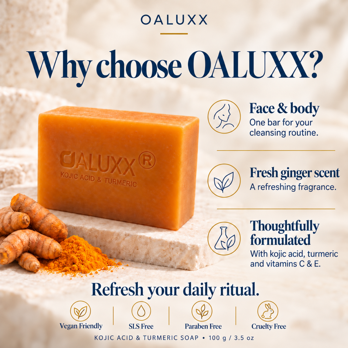 OALUXX Kojic Acid & Turmeric Soap – 100 g Face & Body Bar