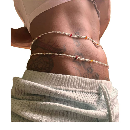 Crystal Clear Ghana Waist Beads – Handmade Tie-On Body Jewelry with Multicolor Accents (41” Beads on 55” Cotton Thread)