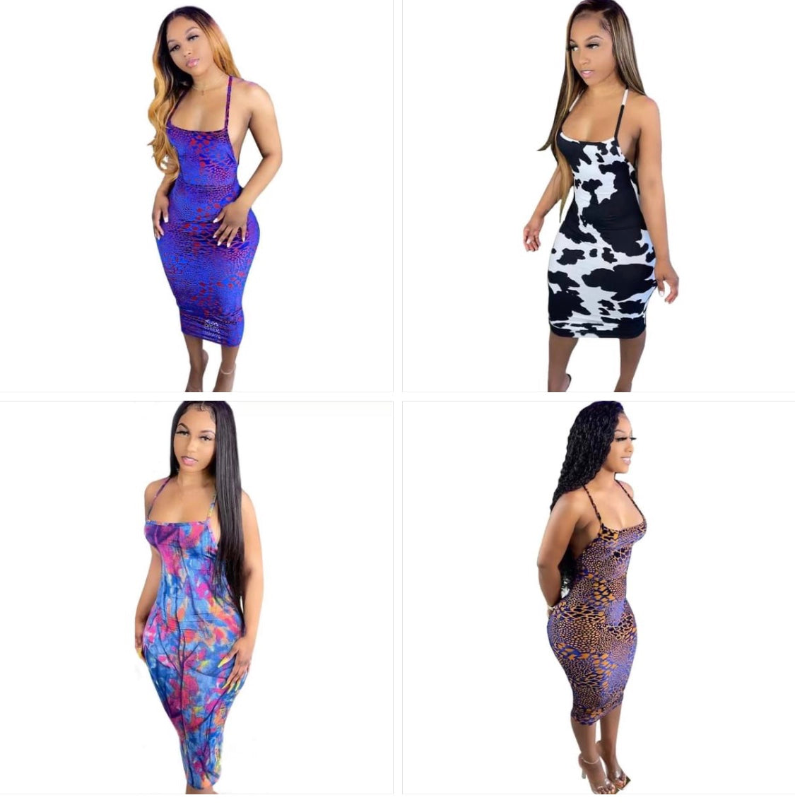 Strappy Bodycon Midi Dress – Cotton Blend, Crisscross Back, Printed Summer Dress