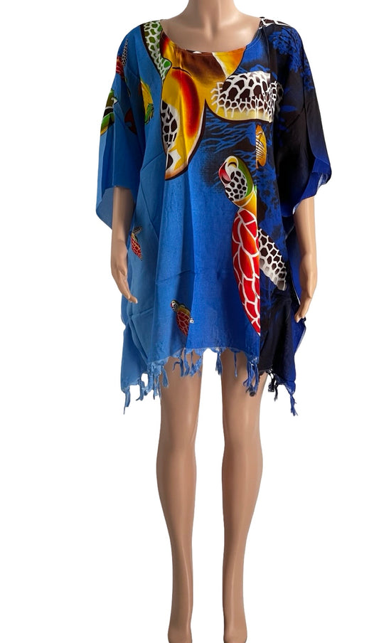 Colorful Sea Turtle Print Kaftan Cover-Up – Lightweight Rayon Beach Dress with Tassel Hem – One Size Fits Most