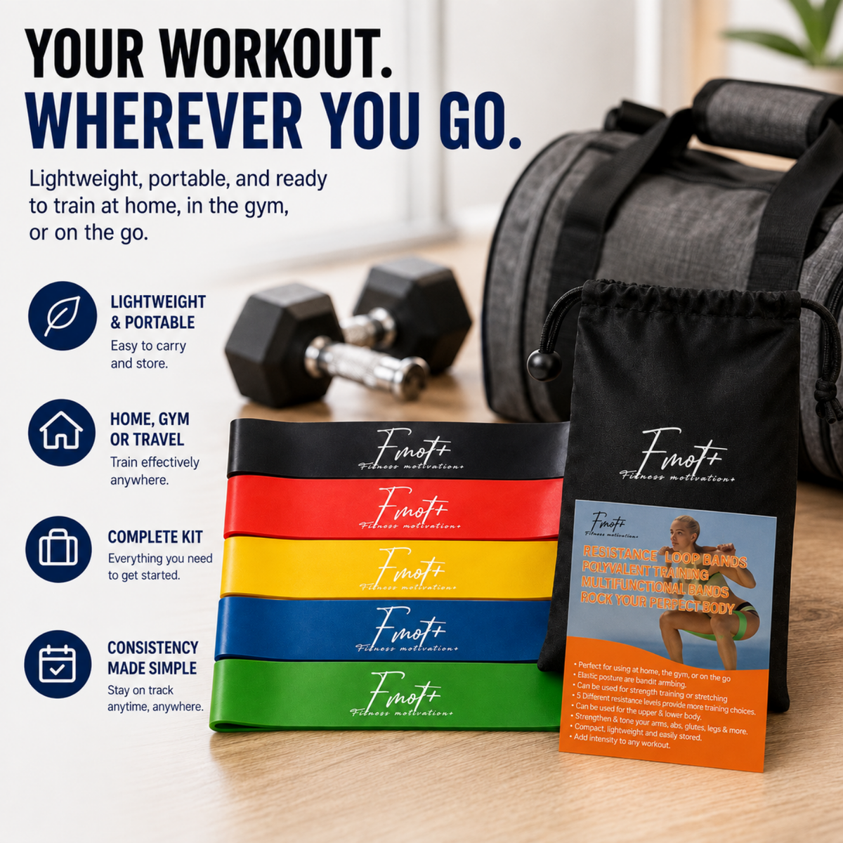Fitness Motivation Resistance Bands Loop Set for Full Body Workouts - Best for Stretching, Yoga Pilates, Physical Therapy, Strength Training (Set of 5 Tensions Level)