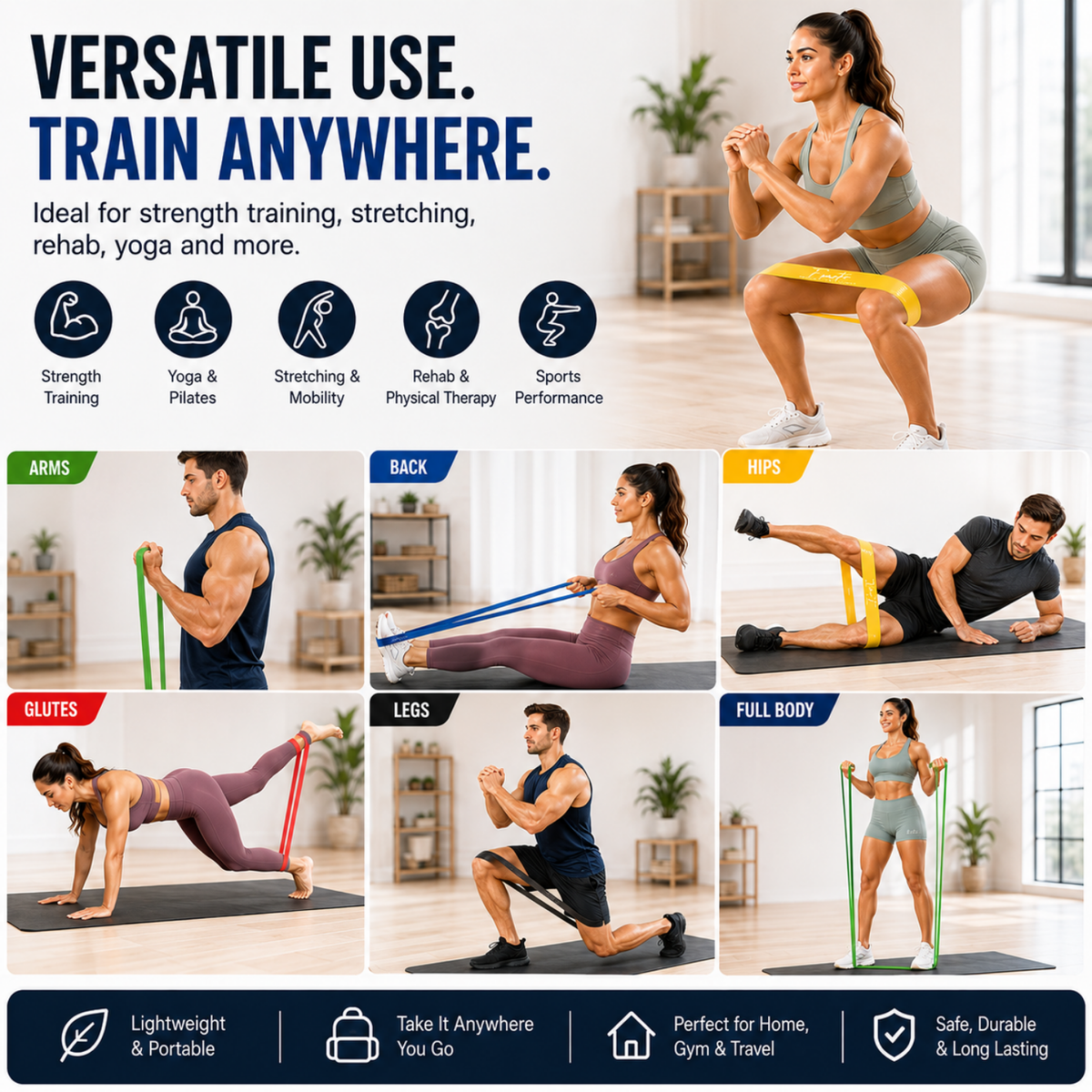 Fitness Motivation Resistance Bands Loop Set for Full Body Workouts - Best for Stretching, Yoga Pilates, Physical Therapy, Strength Training (Set of 5 Tensions Level)