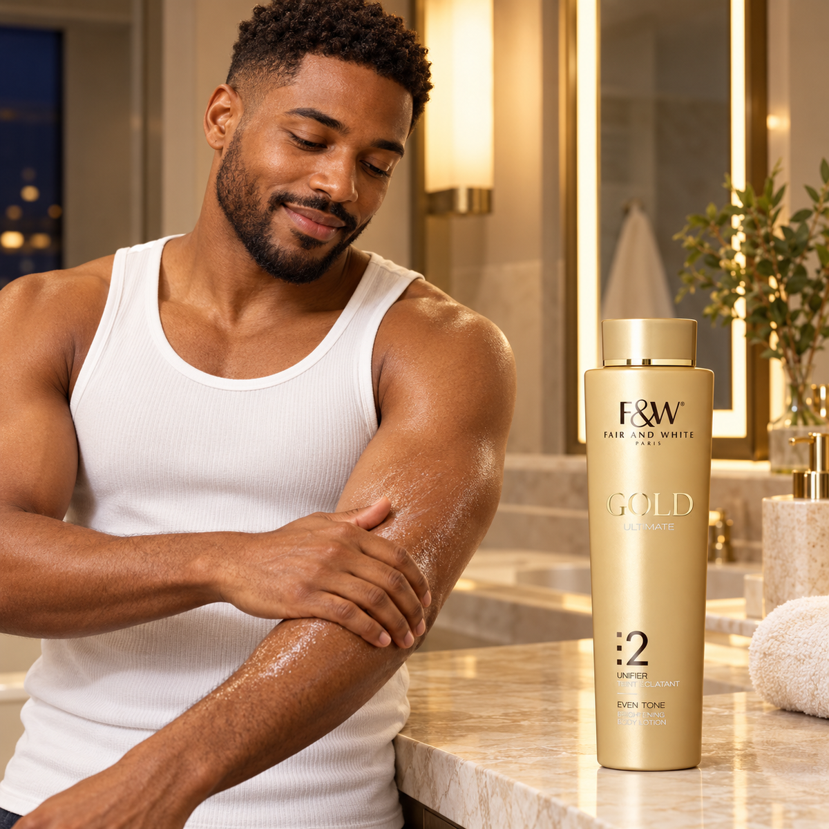 Fair & White Gold Ultimate 2 Even Tone Body Lotion – 500 ml — model in a skincare routine setting
