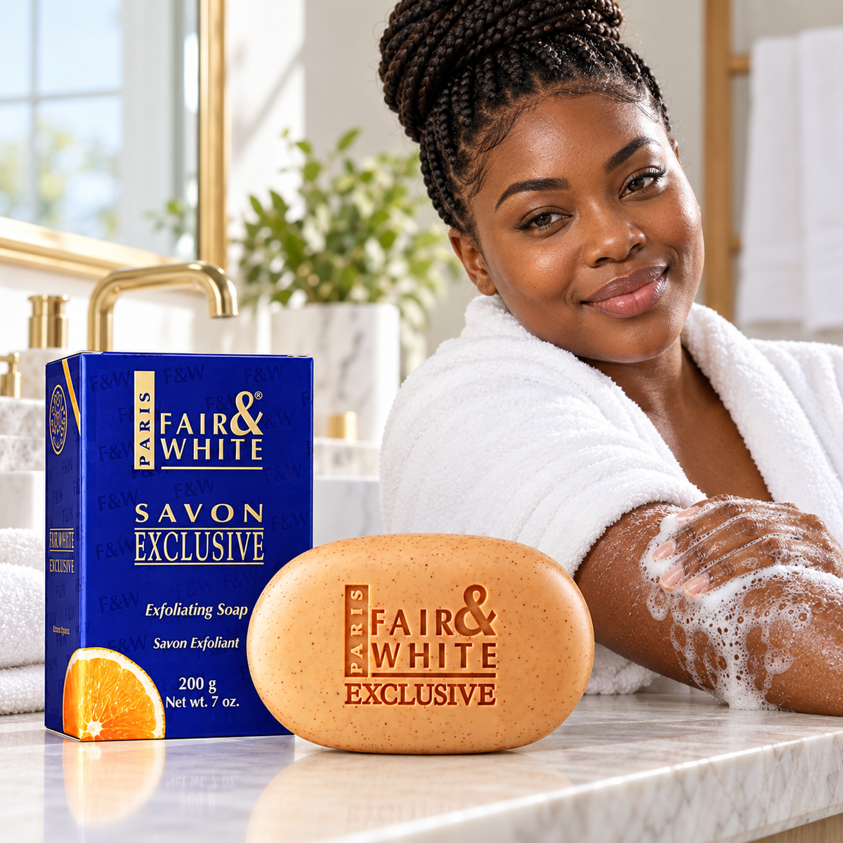 Fair & White Exclusive Vitamin C Exfoliating Soap – 200 g — lifestyle portrait with model