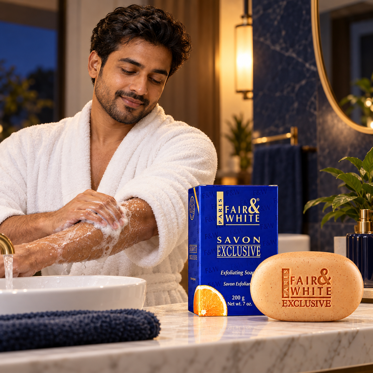 Fair & White Exclusive Vitamin C Exfoliating Soap – 200 g — model in a skincare routine setting