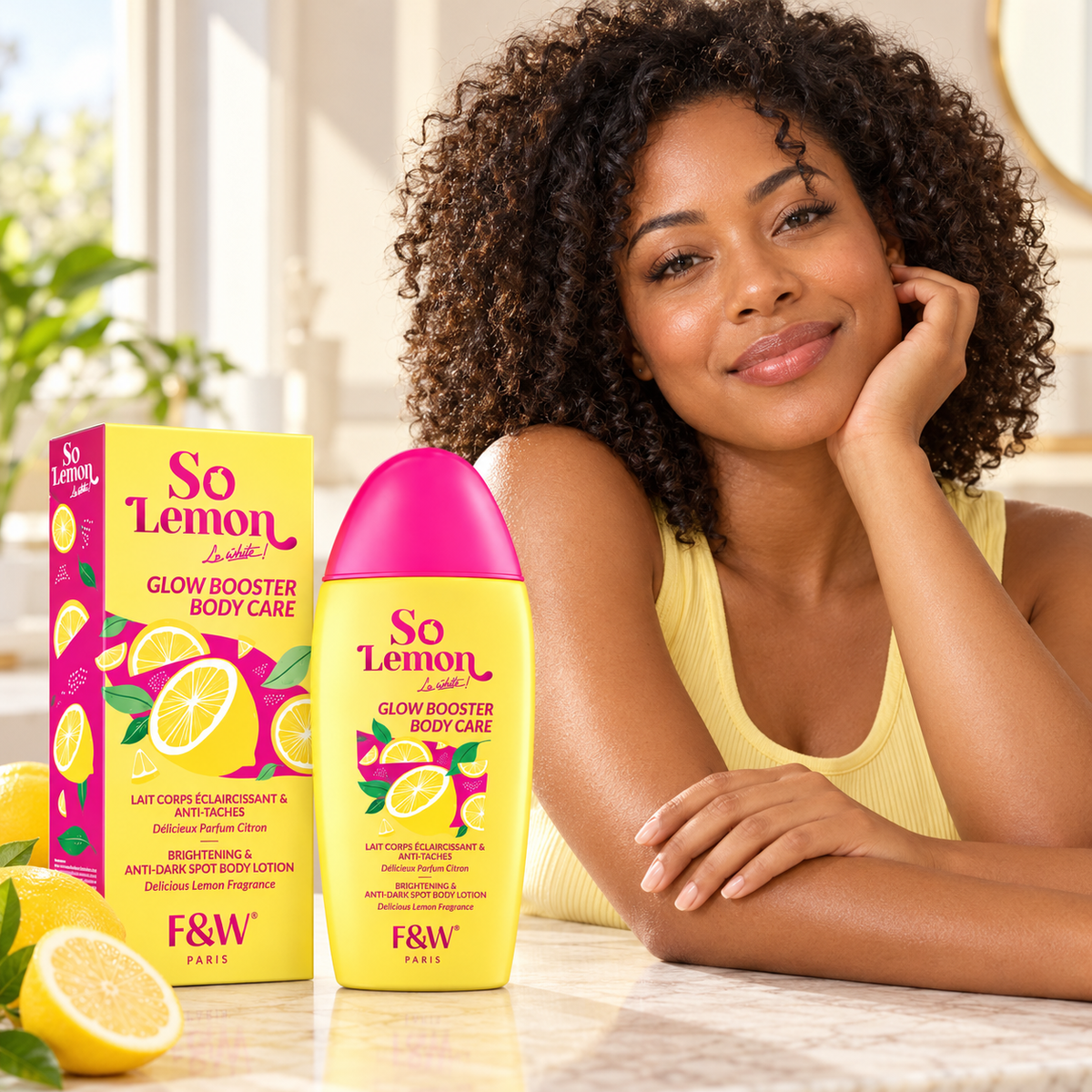 Fair & White So Lemon Glow Booster Body Lotion – 500 ml — lifestyle portrait with model