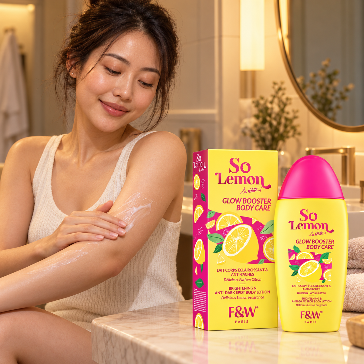 Fair & White So Lemon Glow Booster Body Lotion – 500 ml — model in a skincare routine setting