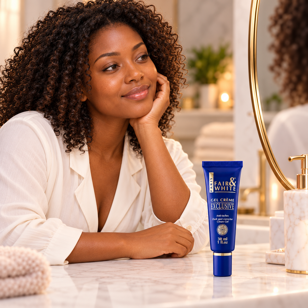 Fair & White Exclusive Vitamin C Gel Cream 30 ml with an adult female model in a skincare vanity setting. Lifestyle illustration.