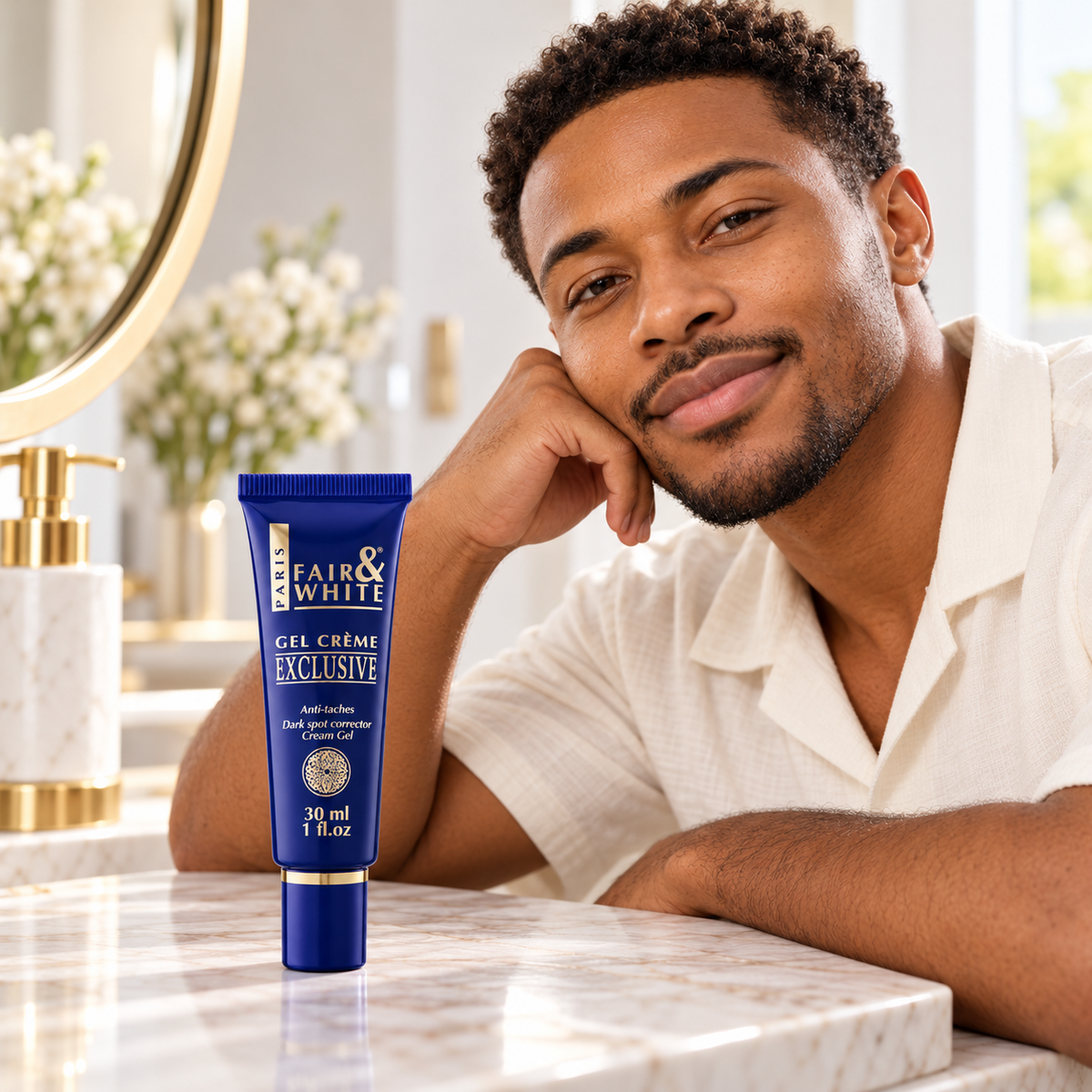 Fair & White Exclusive Vitamin C Gel Cream 30 ml with an adult male model in a skincare vanity setting. Lifestyle illustration.