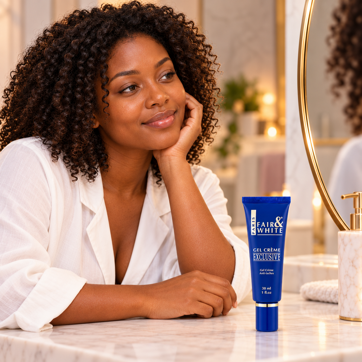 Fair & White Exclusive Whitenizer Gel Cream 30 ml with an adult female model at a skincare vanity. Lifestyle illustration; one tube included.