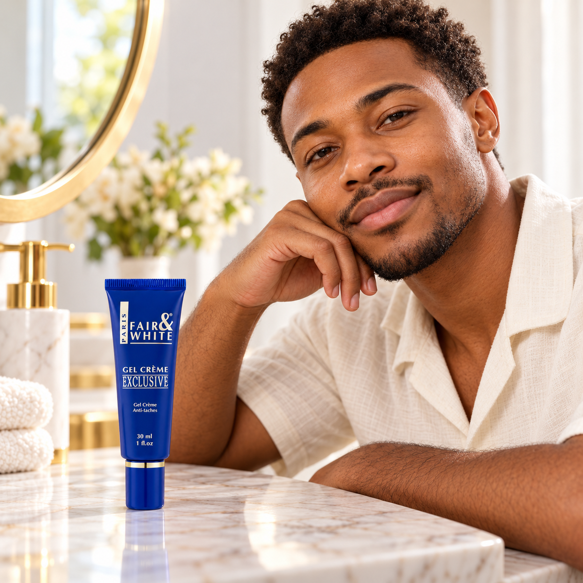 Fair & White Exclusive Whitenizer Gel Cream 30 ml with an adult male model at a skincare vanity. Lifestyle illustration; one tube included.