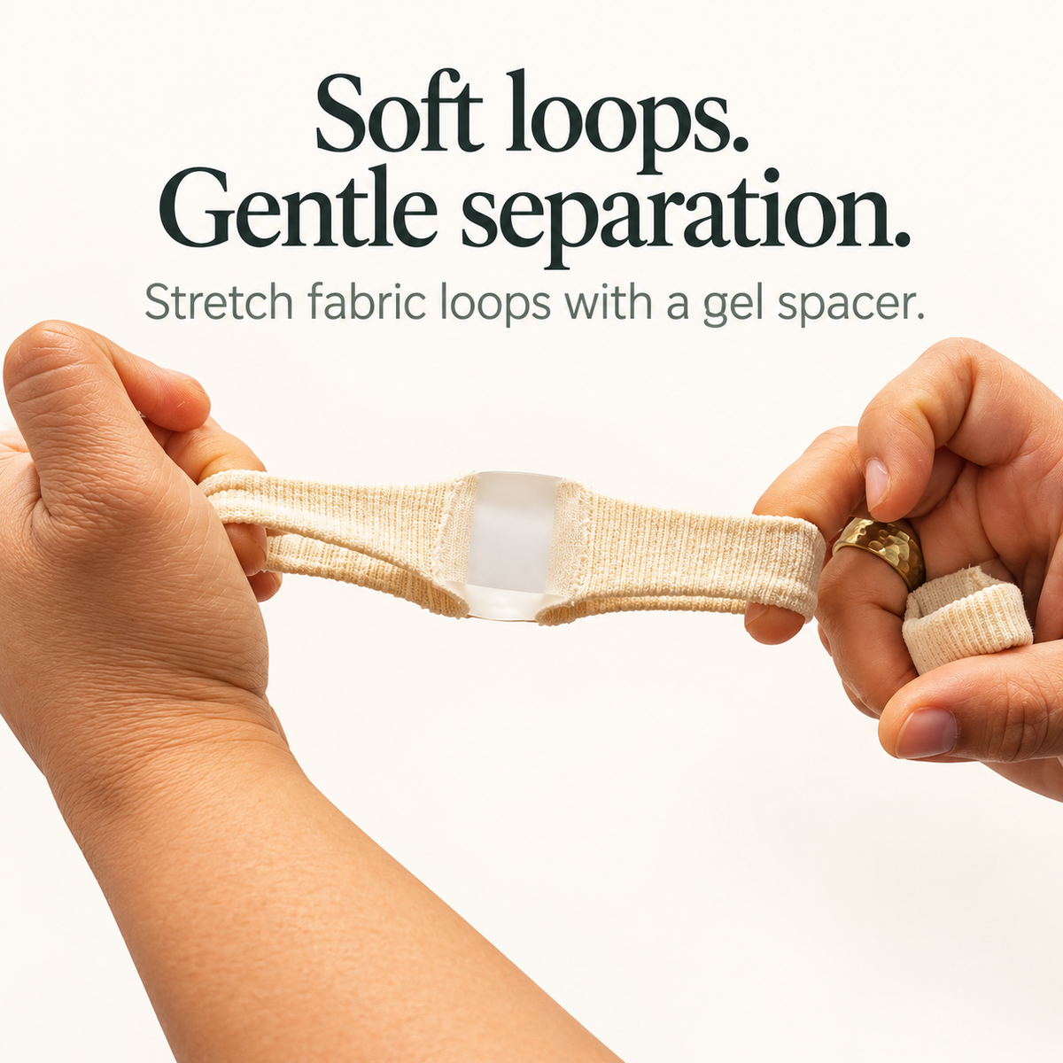 Close view of stretch fabric loops and translucent gel spacer