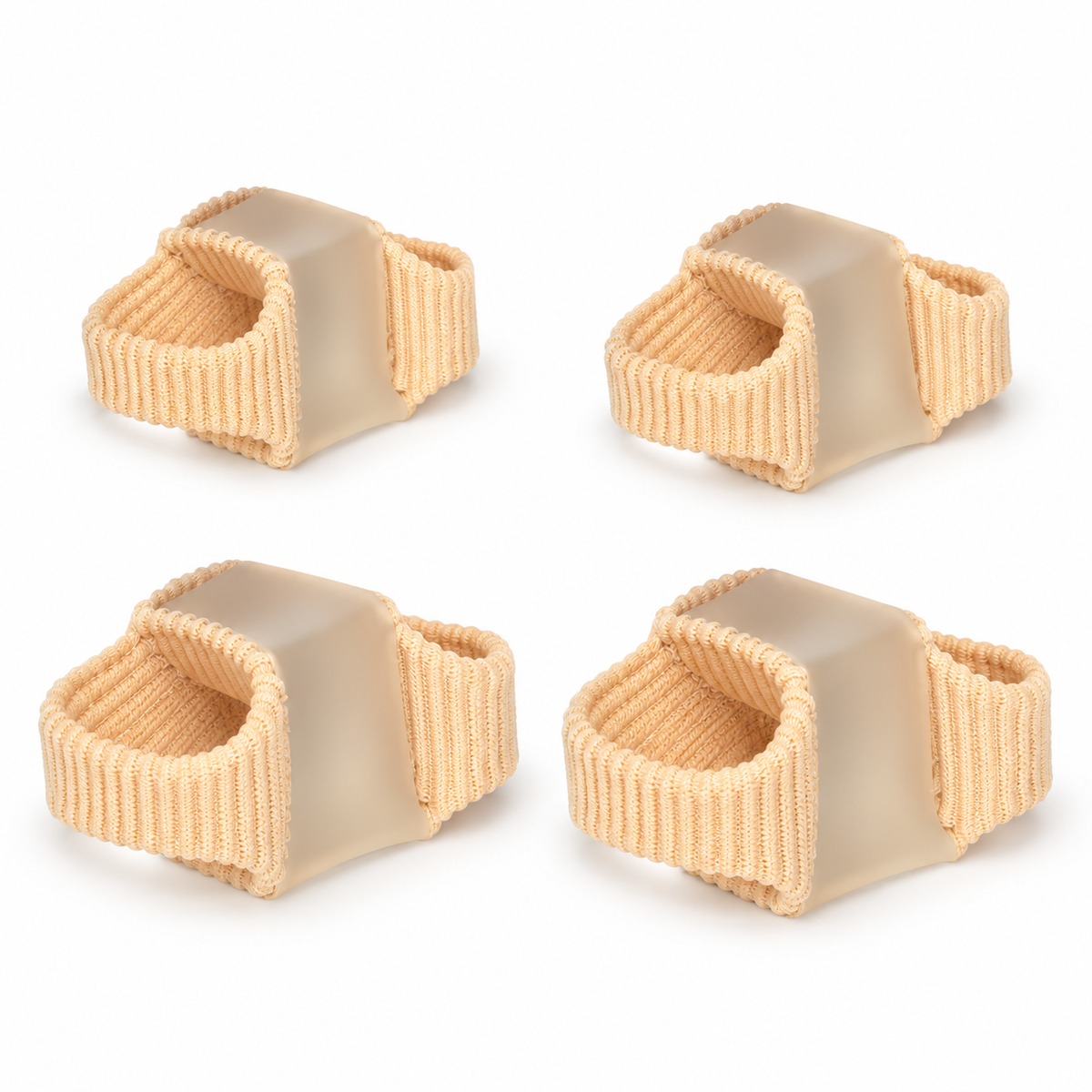 Four gel toe separators with beige stretch loops: two small and two large