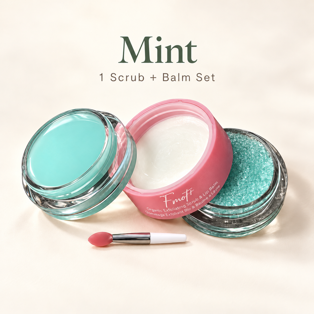 Mint lip scrub and balm single set, opened to show turquoise scrub, balm and mini applicator.