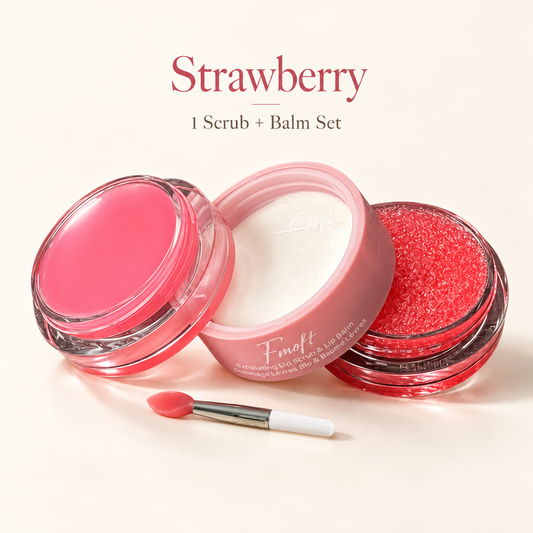 strawberry single lip scrub and balm set, with clear round packaging and pink label.