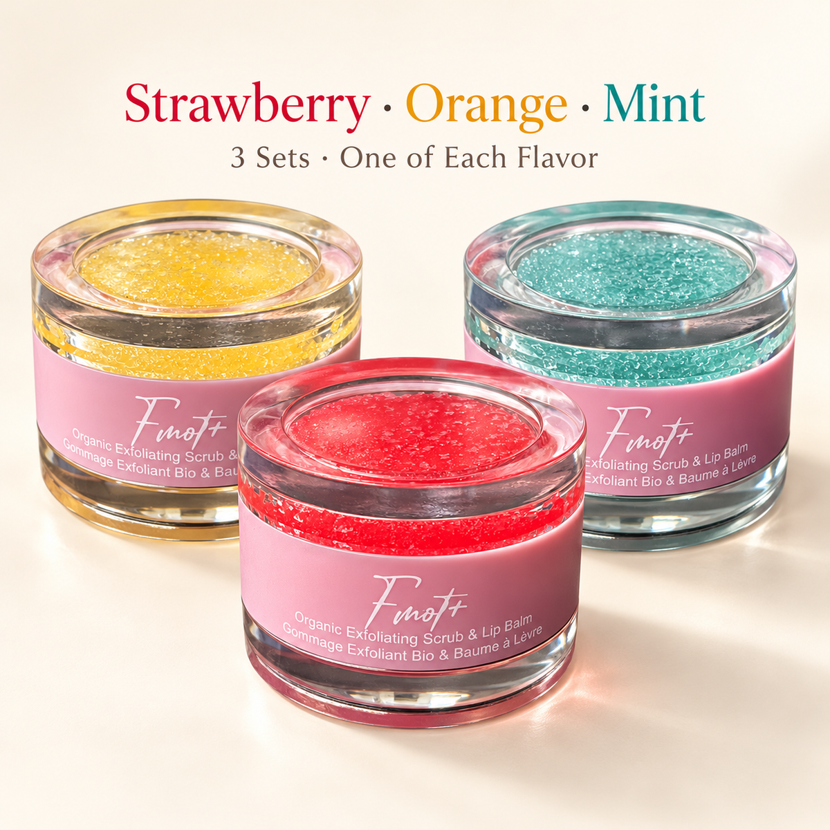 Three complete lip scrub and balm sets: one Strawberry, one Orange and one Mint.