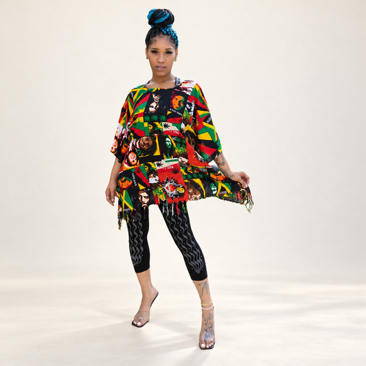 Rasta Patchwork Print rayon kaftan with loose sleeves and fringed hem. Leggings and accessories not included.
