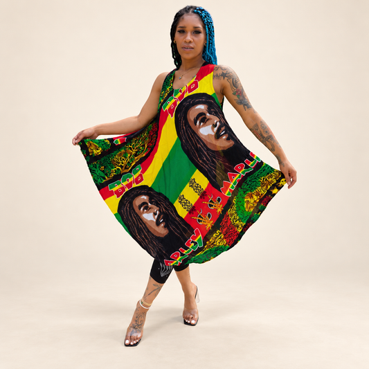 Sleeveless swing reggae-inspired rayon dress. Leggings and accessories not included.