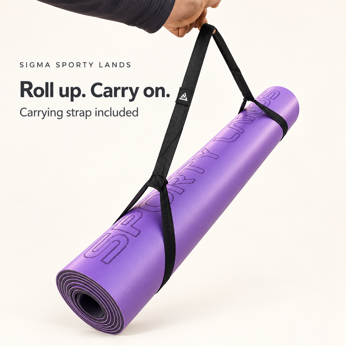 Purple Sigma Sporty Lands yoga mat rolled and carried with the included carrying strap