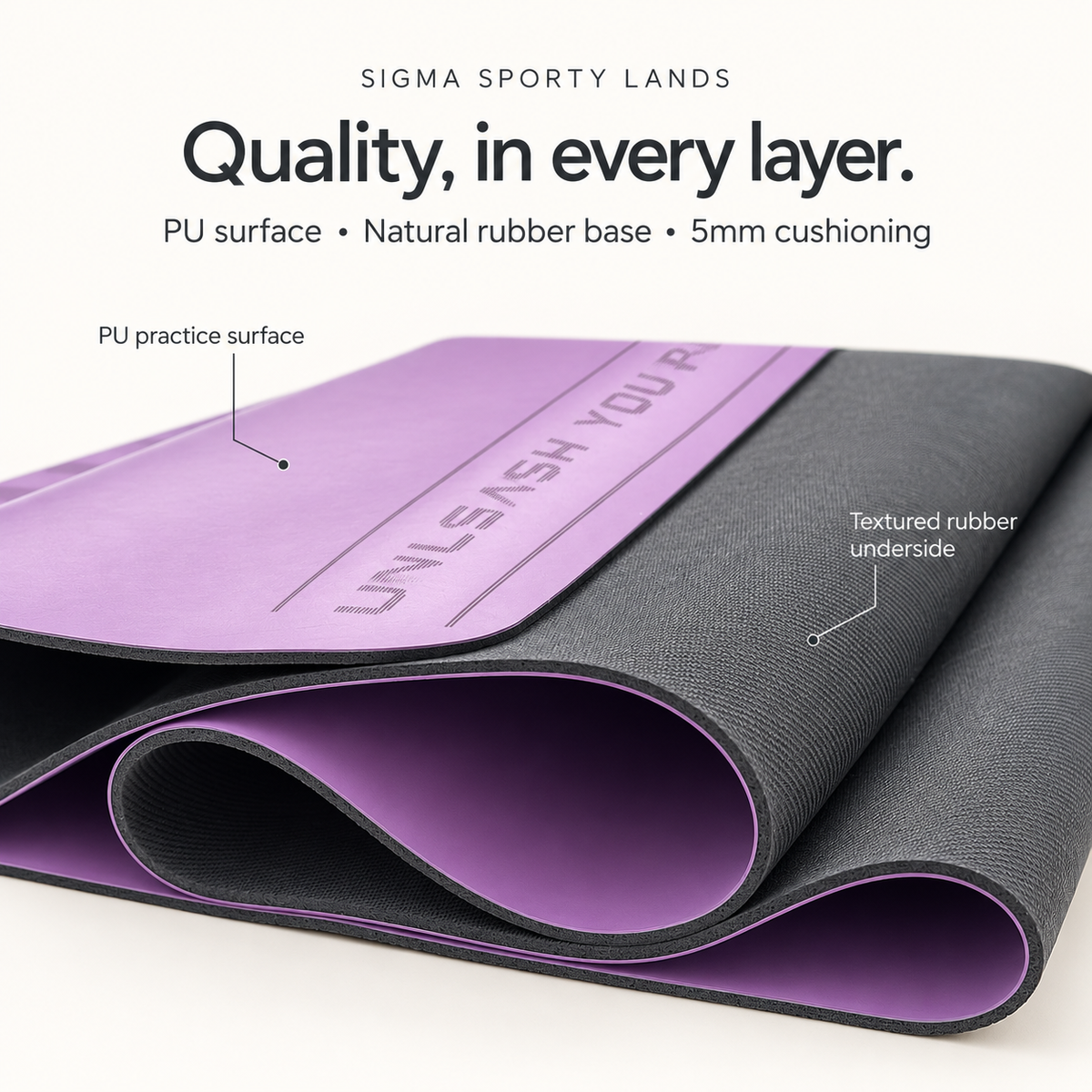 Sigma Sporty Lands mat close-up showing PU practice surface, textured natural rubber underside and 5mm cushioning