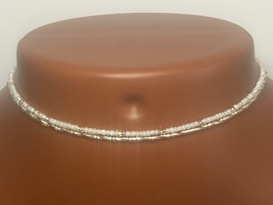 Crystal Silver Duo: 2 separate tie-on waist bead strands; Pearl Crystal, Silver Elegance. Actual product photo on display mannequin.