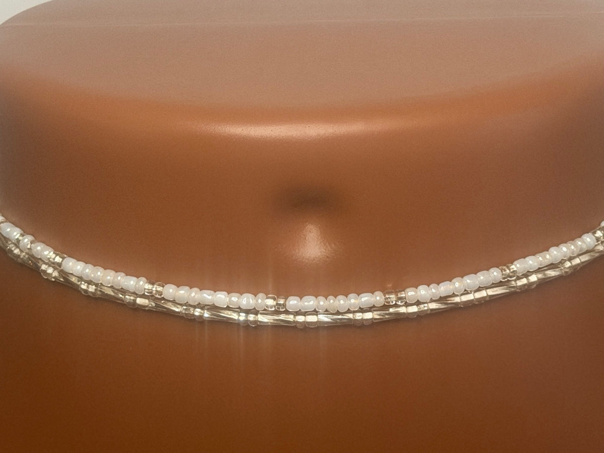 Crystal Silver Duo: 2 separate tie-on waist bead strands; Pearl Crystal, Silver Elegance. Actual product photo on display mannequin.