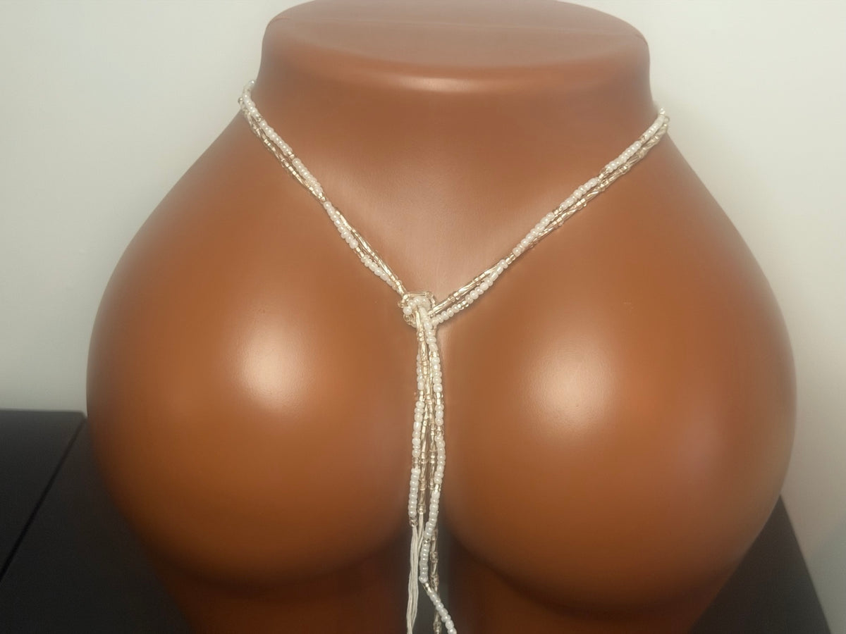 Crystal Silver Duo: 2 separate tie-on waist bead strands; Pearl Crystal, Silver Elegance. Actual product photo on display mannequin.