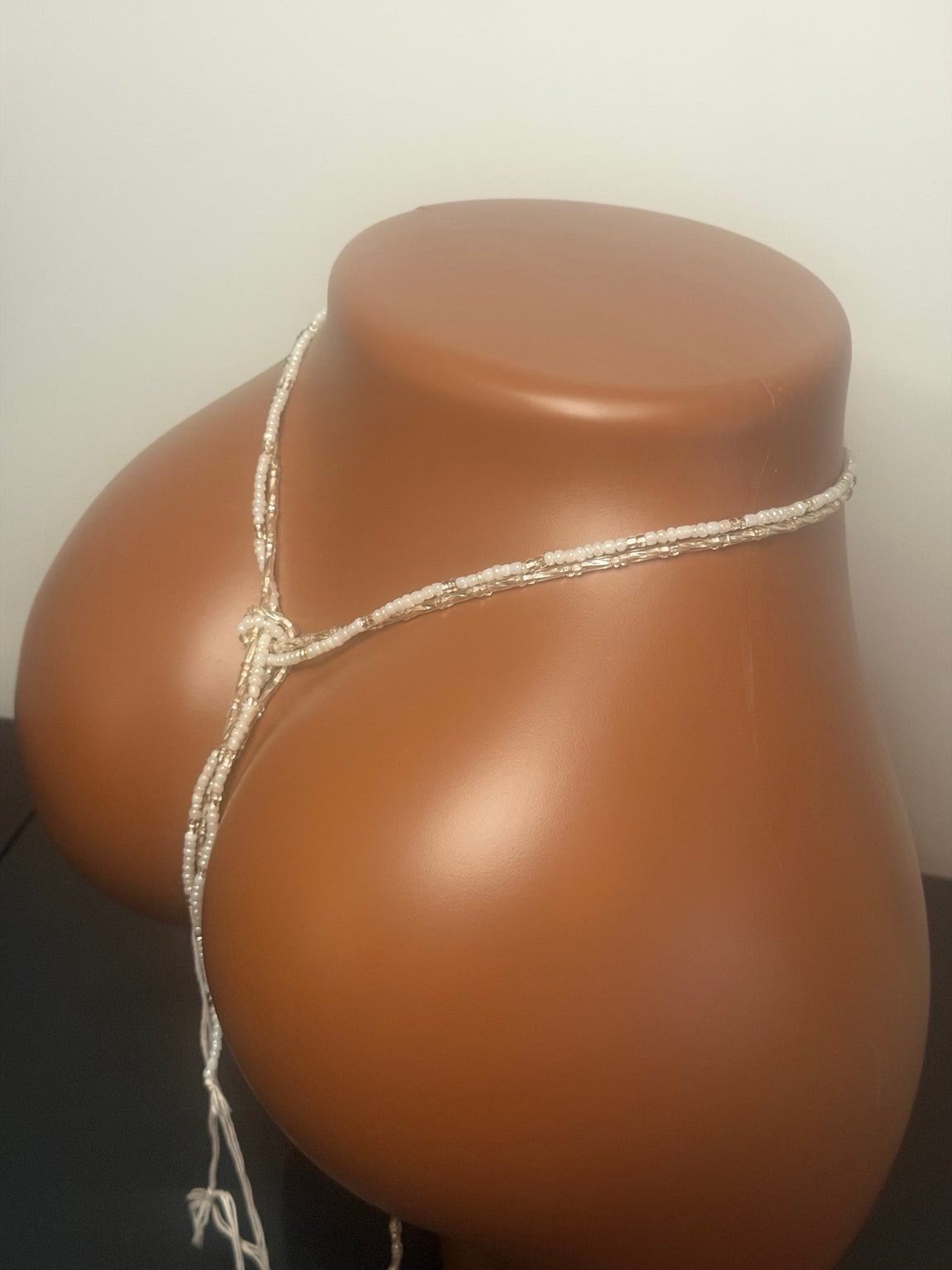 Crystal Silver Duo: 2 separate tie-on waist bead strands; Pearl Crystal, Silver Elegance. Actual product photo on display mannequin.