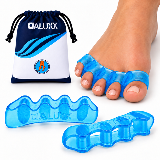 Dark Blue OALUXX silicone toe spacers – on-foot fit, loose pair and drawstring pouch